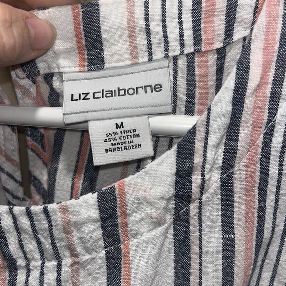 Linen Blend Stripe Sleeveless Tank M White w/blue & red Fringe Hem Preppy - Picture 3 of 9